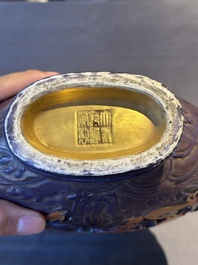 A fine Chinese purple-ground iron-red and gilt-decorated 'dragon' moonflask, Qianlong mark, Republic