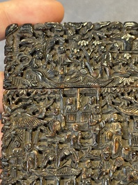 A Chinese jade carving, a tortoiseshell card holder and an iron-red snuff bottle, 19th C.