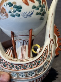 Two Chinese famille rose vases, two teapots and a Japanese wucai ewer, 19th C.