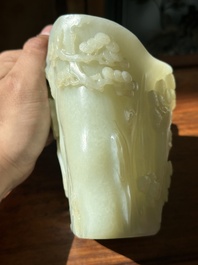 A Chinese white jade 'pine tree' brush pot, Qianlong