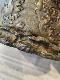 A Chinese Zitan wood 'chilong' brush pot, 17/18th C.