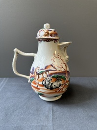 Four Chinese famille rose cups and saucers and an ewer with design of two horses, Qianlong