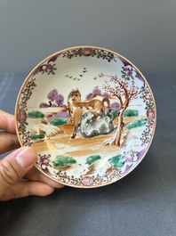Four Chinese famille rose cups and saucers and an ewer with design of two horses, Qianlong
