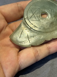 Three Chinese jades and an agate belt hook, Shang and later