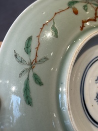 A Chinese famille verte celadon-glazed plate, Jiajing mark, Kangxi/Yongzheng