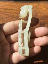 Two fine Chinese white jade carved belt hooks, Qing