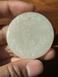 A Chinese white jade 'moon hare and rooster' plaque, Qing
