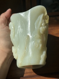 A Chinese white jade 'pine tree' brush pot, Qianlong