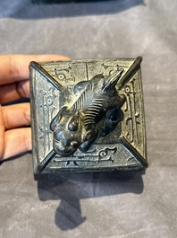 A Chinese archaistic bronze ritual wine vessel and cover in Western Zhou-style, 'fang hu 方壺', Ming