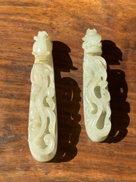 Two fine Chinese white jade carved belt hooks, Qing