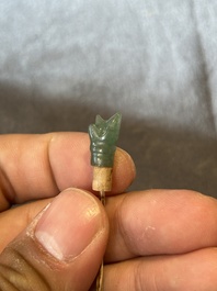 A fine Chinese celadon jade 'dragonfly' snuff bottle and stopper, Daoguang