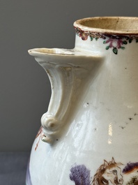 Four Chinese famille rose cups and saucers and an ewer with design of two horses, Qianlong