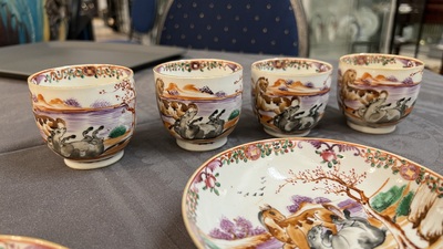Four Chinese famille rose cups and saucers and a sugar bowl with design of two horses, Qianlong