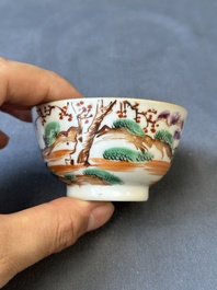Four Chinese famille rose cups and saucers and an ewer with design of two horses, Qianlong