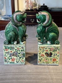 A pair of Chinese famille verte Buddhist lions, 19th C.