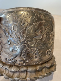 A Chinese Zitan wood 'chilong' brush pot, 17/18th C.