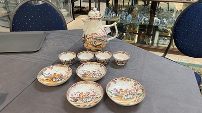 Four Chinese famille rose cups and saucers and an ewer with design of two horses, Qianlong