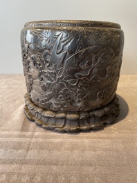 A Chinese Zitan wood 'chilong' brush pot, 17/18th C.