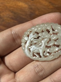 Two Chinese white jade plaques with deer, bat and double happiness design, 19th C.