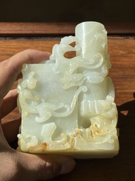 A Chinese white jade 'dragon' ink container with Qianlong mark and possibly of the period