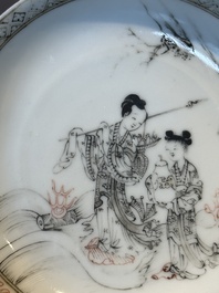 Six Chinese grisaille cups and saucers with Magu and a servant, Yongzheng/Qianlong