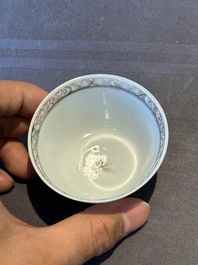 Six Chinese grisaille cups and saucers with Magu and a servant, Yongzheng/Qianlong