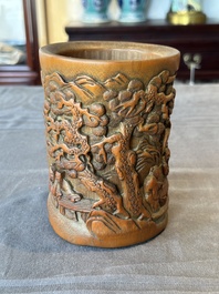 A Chinese carved bamboo 'Seven Sages of the Bamboo Grove' brush pot, 19th C.