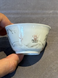 Six Chinese grisaille cups and saucers with Magu and a servant, Yongzheng/Qianlong