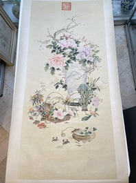 Chinese school: 'Flowers', ink and colour on paper, Cixi seal mark, 19th C.