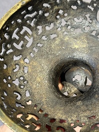 A Chinese imperial archaistic gold-splashed bronze censer and cover with chilong and 'shou' design, Xuande mark, 17th C.