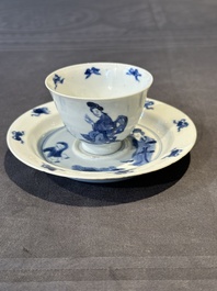 A Chinese blue and white 'Long Eliza and playing boy' cup and saucer, Qi Yu Mei Zhi 奇玉美製 and Bi Yu Tang Zhi 璧玉堂製, Kangxi