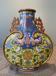 A Chinese yellow and blue-ground cloisonn&eacute; 'Shou' moonflask vase, 'bianhu', Jiaqing