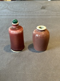 Two Chinese copper-red-glazed snuff bottles, Kangxi mark, 19th C.