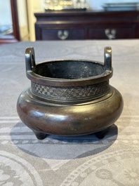 A Chinese bronze tripod censer, Ding 鼎 mark, Yuan/Ming