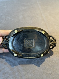 A rare Chinese bronze narcissus basin-shaped censer with dragon handles, Xuande mark, 17th C.