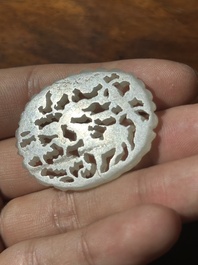 Two Chinese white jade plaques with deer, bat and double happiness design, 19th C.