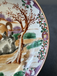Four Chinese famille rose cups and saucers and an ewer with design of two horses, Qianlong