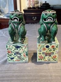 A pair of Chinese famille verte Buddhist lions, 19th C.
