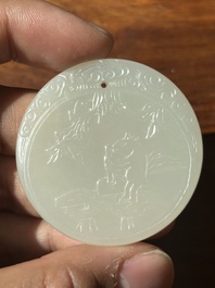 A Chinese white jade 'moon hare and rooster' plaque, Qing