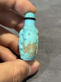 Six Chinese snuff bottles in various carved gemstones, 19/20th C.