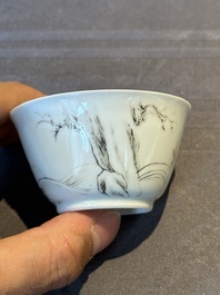Six Chinese grisaille cups and saucers with Magu and a servant, Yongzheng/Qianlong