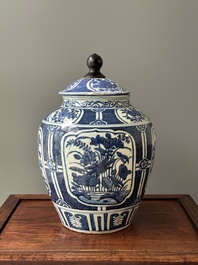 A Chinese blue and white jar and cover with floral design, Wanli