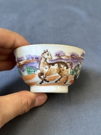 Four Chinese famille rose cups and saucers and an ewer with design of two horses, Qianlong