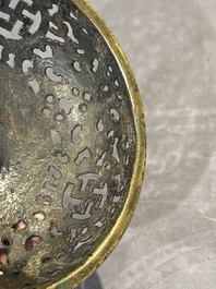 A Chinese imperial archaistic gold-splashed bronze censer and cover with chilong and 'shou' design, Xuande mark, 17th C.