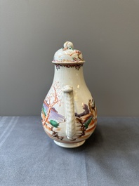 Four Chinese famille rose cups and saucers and an ewer with design of two horses, Qianlong