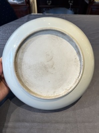 A Chinese famille verte celadon-glazed plate, Jiajing mark, Kangxi/Yongzheng