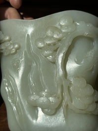 A Chinese white jade 'pine tree' brush pot, Qianlong