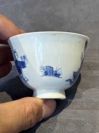 A Chinese blue and white 'Long Eliza and playing boy' cup and saucer, Qi Yu Mei Zhi 奇玉美製 and Bi Yu Tang Zhi 璧玉堂製, Kangxi