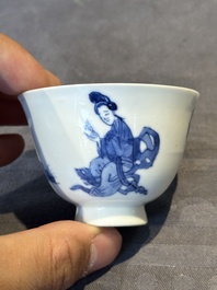 A Chinese blue and white 'Long Eliza and playing boy' cup and saucer, Qi Yu Mei Zhi 奇玉美製 and Bi Yu Tang Zhi 璧玉堂製, Kangxi
