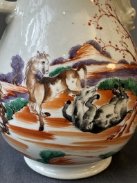 Four Chinese famille rose cups and saucers and an ewer with design of two horses, Qianlong
